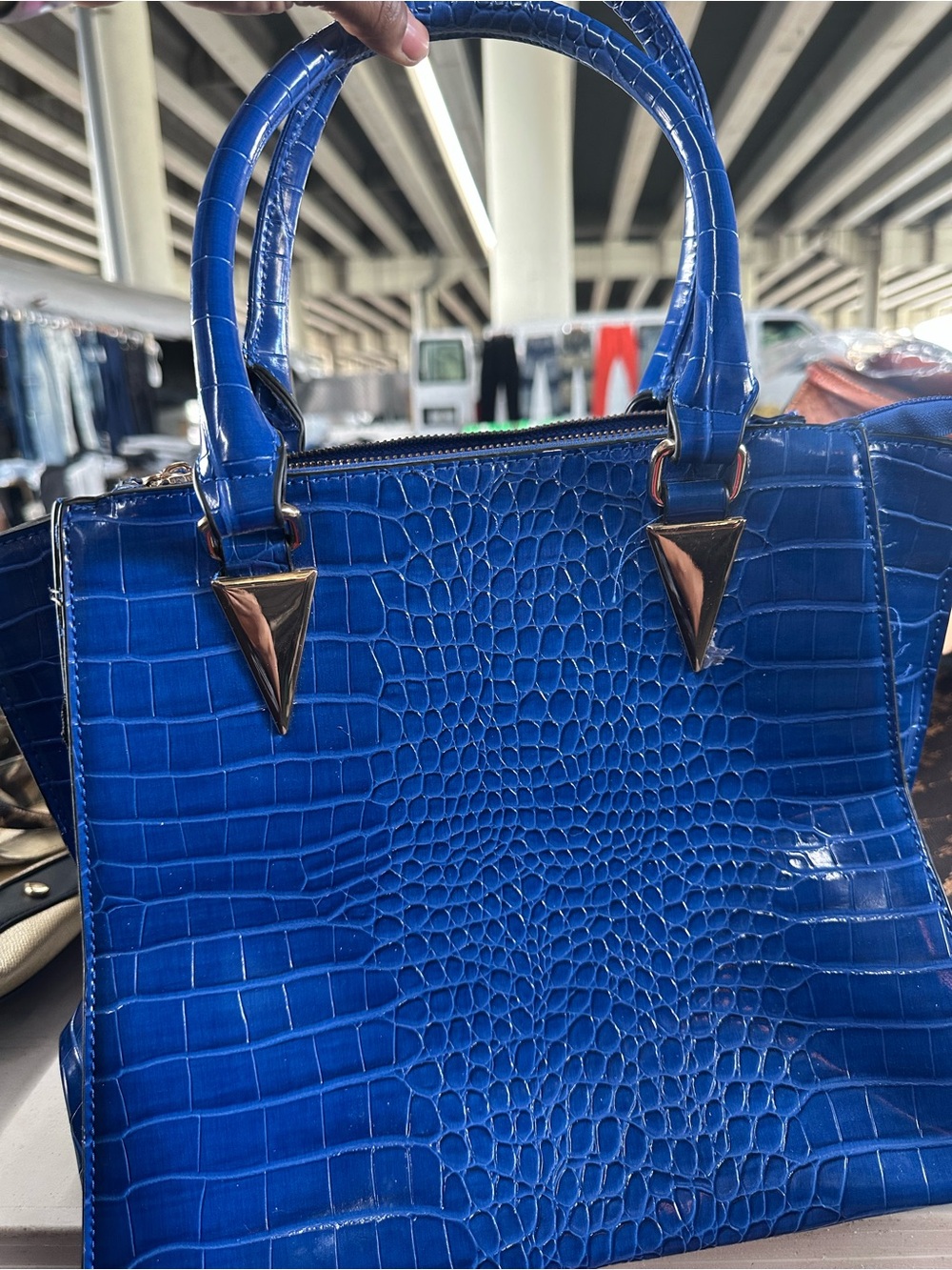 Blue Croc-Embossed Tote Bag with Gold Accents